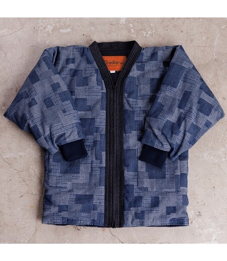 寒風寒波上等デニム半纏さしこ柄風（紺／パッチワーク）画像1