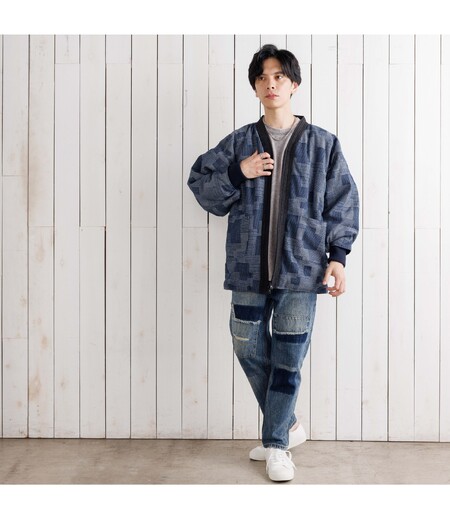 寒風寒波上等デニム半纏さしこ柄風（紺／パッチワーク）画像4
