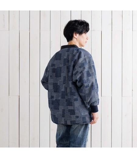 寒風寒波上等デニム半纏さしこ柄風（紺／パッチワーク）画像5