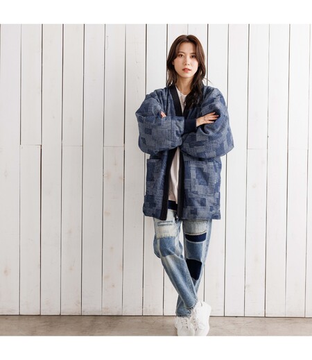 寒風寒波上等デニム半纏さしこ柄風（紺／パッチワーク）画像6